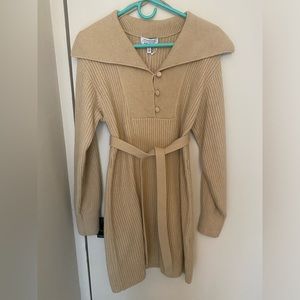 & Other Stories beige sweater dress with waist tie, XS. Neck collar detail